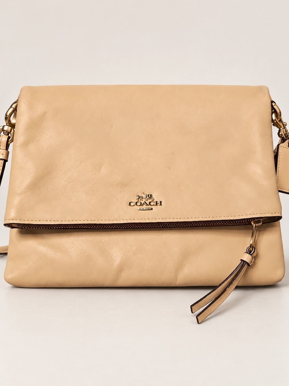Coach Women's Beige Leather Foldover Crossbody Bag